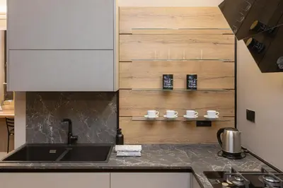 a kitchen with a sink and a wooden wall at Amazing 3-Bedrooms Pantheon in Rome