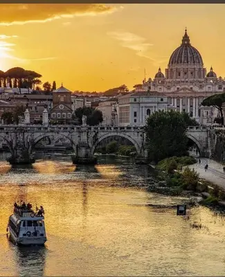 a boat on a river in front of a bridge at Villa Agostina in Rome
