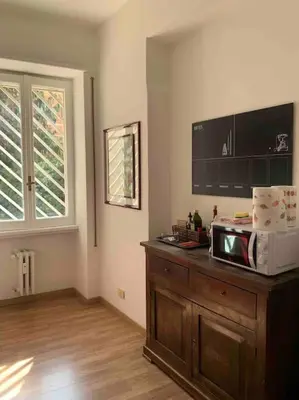 a kitchen with a microwave on top of a wooden cabinet at Lovely apartment near Rome Vatican in Rome