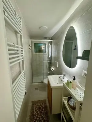 a bathroom with a sink and a shower and a mirror at Urban Oasis in Rome