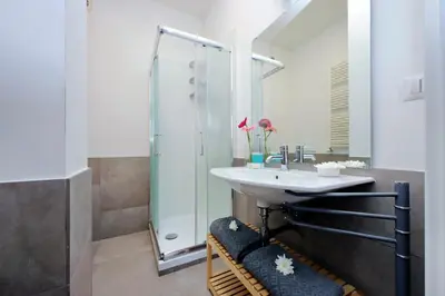 a bathroom with a sink and a shower at Annasole's flat by Domus&Dimore in Rome
