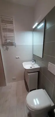 a bathroom with a toilet and a sink and a mirror at Attico a Gianicolense in Rome