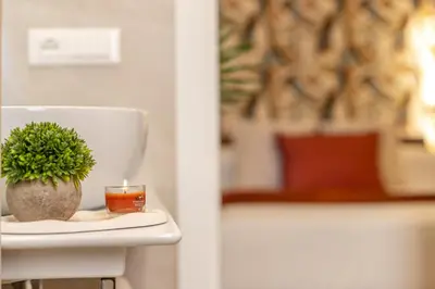 a plant sitting on a table with a candle at Vatican Modern Apartment 5 min Metro A - Terrestre in Rome