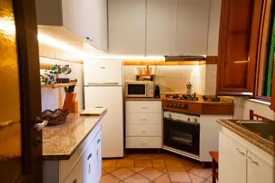 a small kitchen with white cabinets and a white refrigerator at Borgo Pio 64 - Vatican City in Rome