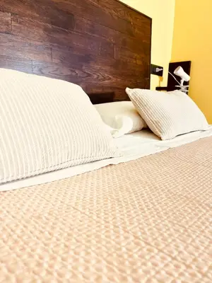 a bed with two white pillows and a wooden headboard at Interno Sette in Rome
