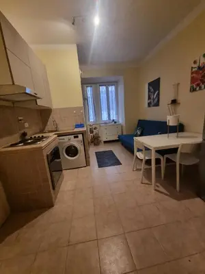 a kitchen and living room with a table and a stove at Casa intera vicino il centro per 4 persone in Rome