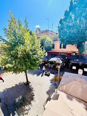 an overhead view of a market with a tree and umbrellas at VerdePigna Apartment in Rome