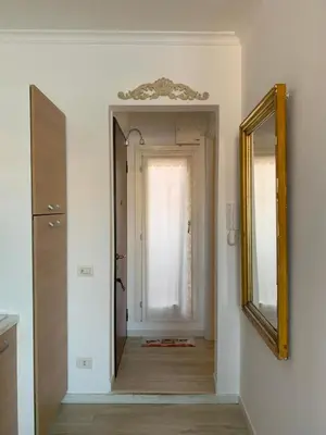 a hallway with a mirror and a door with a window at Terracehome71 - Apartment with relaxing terrace near Vatican in Rome