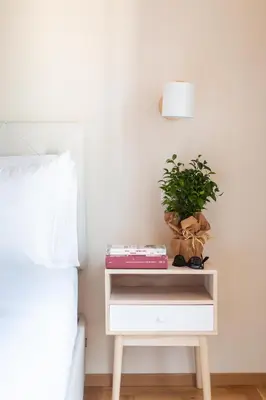 a table with a plant on it next to a bed at Porta Pia apartment ZENO 53 in Rome
