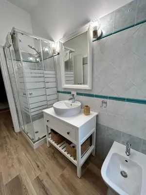 a bathroom with a sink and a glass shower at Appia Little Charme 44 in Rome