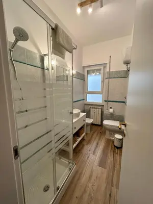 a bathroom with a shower and a toilet and a sink at Appia Little Charme 44 in Rome