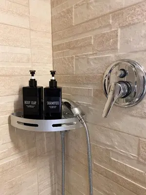 a bathroom with a shower with a soap dispenser at The Artful Flat in Rome