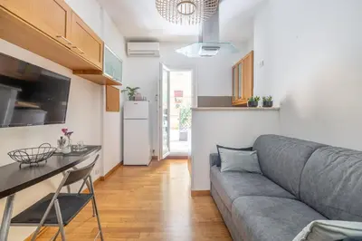a living room with a gray couch and a kitchen at Casa Girasole in Rome