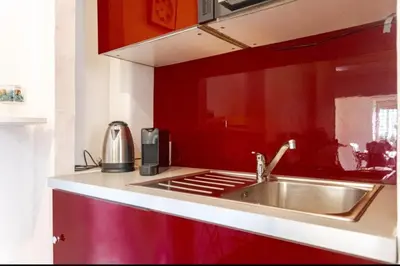 a kitchen with a stainless steel sink and red walls at Suite Guido Reni in Rome