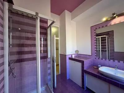a bathroom with purple tiles and a sink and a shower at Green Oasis in Villa Riccio in Rome