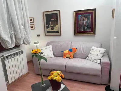 a living room with a gray couch with pillows at Sweet Home Cavalese, Cortina d'Ampezzo, Università Cattolica, Gemelli in Rome