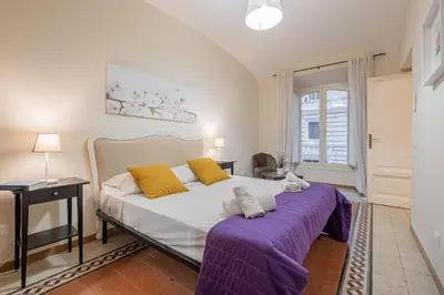 a bedroom with a large bed with a purple blanket at Apartment In Via Merulana Central Rome by Halldis in Rome