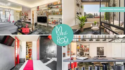 a collage of photos of a living room and a house at Comics Roma Penthouse, Funny Flat Nearby Colosseum in Rome