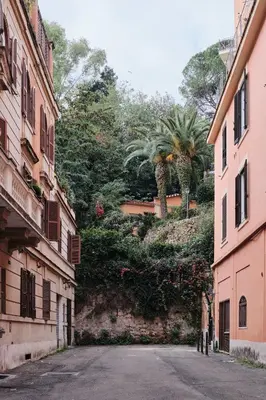 an empty street between two buildings with palm trees at Trastevere luxury apartment in Rome