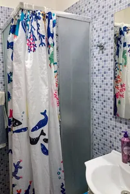 a bathroom with a shower curtain with fish on it at oreglia house in Rome