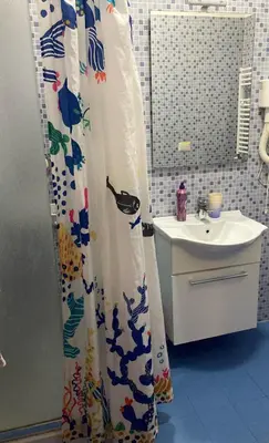 a bathroom with a shower curtain and a sink at oreglia house in Rome