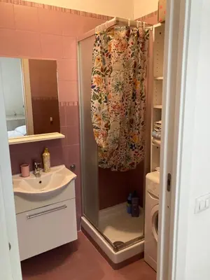 a bathroom with a shower curtain and a sink at oreglia house in Rome