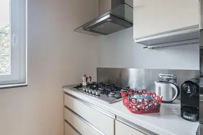 a kitchen with a stove with a basket on the counter at Appartamento con terrazzo - vicino centro di Roma in Rome