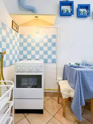 a kitchen with a stove and a table and a sink at Vatican Art Apartment in Rome