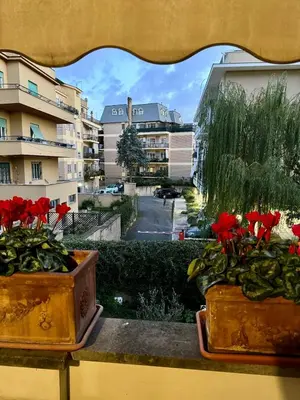 two pots of red flowers on a window sill at Gemelli Flower's House in Rome