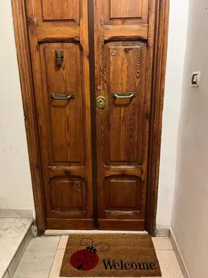 a wooden door with a welcome mat in front of it at La casina sull'appia in Rome