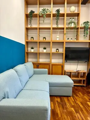 a living room with a couch and shelves with potted plants at Domus Maggiore Apartment in Rome