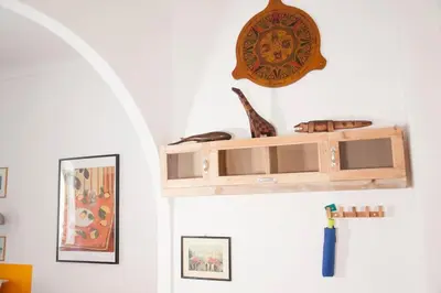 a shelf on a wall with a clock andartifacts at Shangrila in Rome