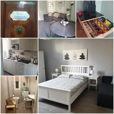 a collage of photos of a bedroom with a bed and a kitchen at Appartamento La Doriana in Rome