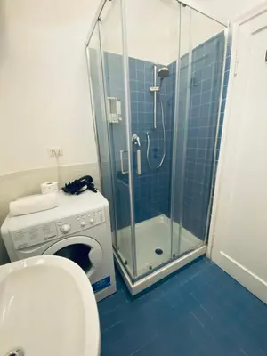 a bathroom with a shower with a toilet and a washing machine at Sampietrino Vatican Apartment in Rome