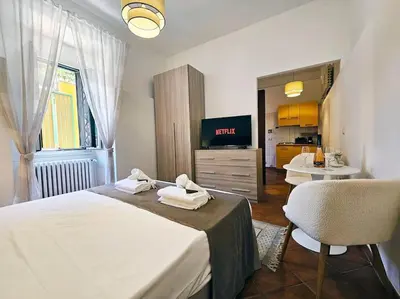 a bedroom with a bed and a tv and a chair at Vicolo di Monte del Gallo 24 - Vatican City in Rome