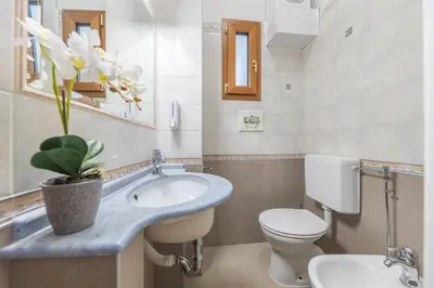 a bathroom with a sink and a toilet and a mirror at St Peter's Comfort Lodge in Rome