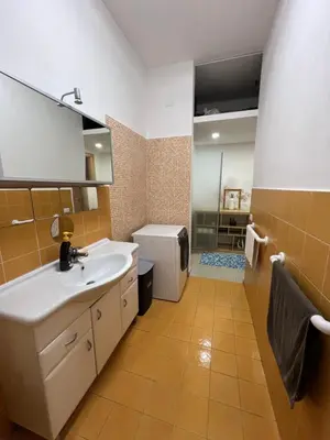 a bathroom with a sink and a large mirror at Dandon Home in Rome