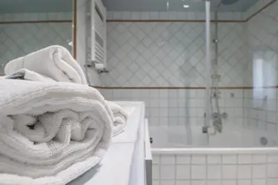 a bathroom with a shower and a white towel at Valery - Appartamento Glam vicino al Vaticano in Rome