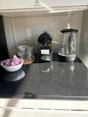 a kitchen counter with a blender and a bowl of food at GIUBILEO PALACE Inn in Rome