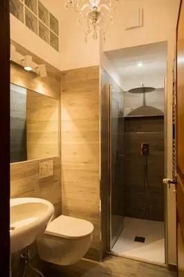 a bathroom with a shower and a toilet and a sink at Ficus Corner - Vatican in Rome