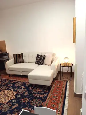 a living room with a white couch and a rug at Soraya Home in Rome