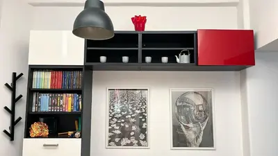 a black shelf on a wall with books at Casa Dà! in Rome