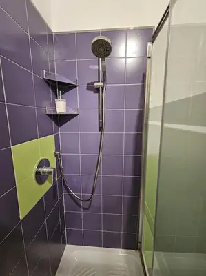 a bathroom with a shower with purple and green tiles at St Peter central apartment in Rome