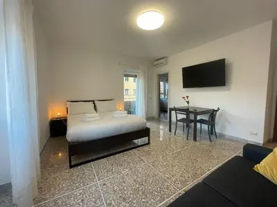 a bedroom with a bed and a table with a television at Vatican Apartment Cipro in Rome