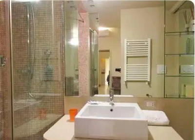 a bathroom with a white sink and a shower at Carrozze Suite in Rome