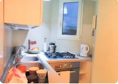 a kitchen with a sink and a stove and a window at Carrozze Suite in Rome