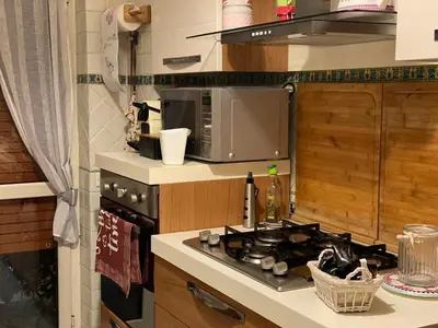 a kitchen with a stove and a microwave at La Casa oltre il Parco in Rome