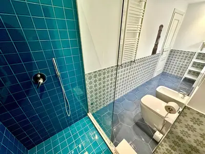 a blue tiled bathroom with a toilet and a shower at Prestige Crescenzio in Rome