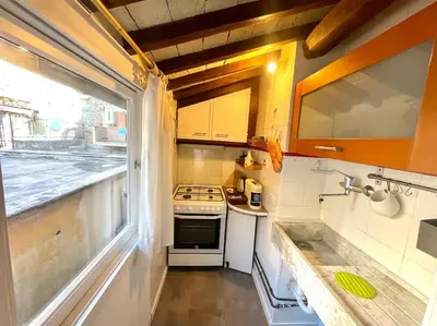 a small kitchen with a stove and a sink at Trastevere Lovely Loft in Rome