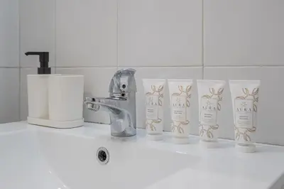 a bathroom sink with four rolls of toiletries on it at Orange Blue House 1Bedr Metro Re di Roma in Rome